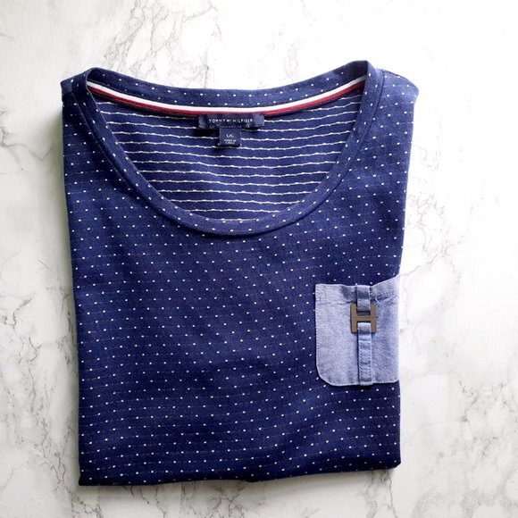 Tommy Hilfiger Contrast Denim Pocket Metal H Logo Scoop Neck Tiny Dots Top L - Picture 1 of 6